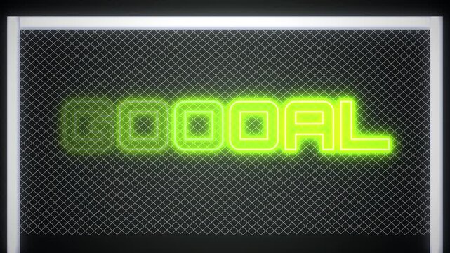 Neon green GOAL text appears and fades on a dark background with a wire mesh overlay, representing a video clip sequence