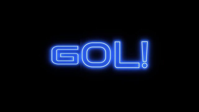 Animated neon blue text GO GOL exclamation mark on black background representing a video clip sequence