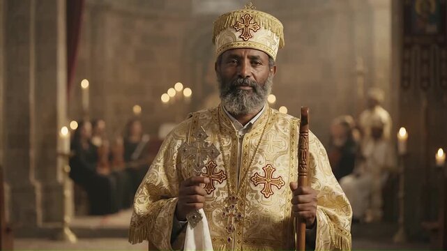 Orthodox Priest In Golden Ceremonial Robes Standing Inside A Church
