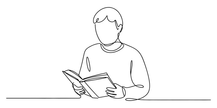 Young man reading a book continuous single line drawing