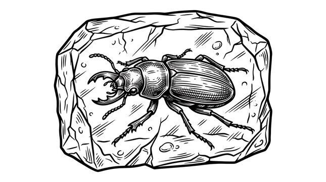 Vintage Hand-drawn Engraving Style Illustration of a Prehistoric Beetle Fossil Trapped in Amber
