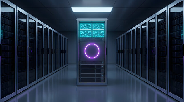 3D rendered symmetrical perspective of a futuristic server room featuring long rows of server racks, a central cabinet with four glowing cyan neural network displays, and a vibrant purple ring element