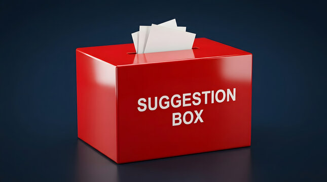 A 3D rendered glossy red suggestion box featuring white text on the front face and multiple white paper slips protruding from the top slot positioned centrally on a dark studio background surface