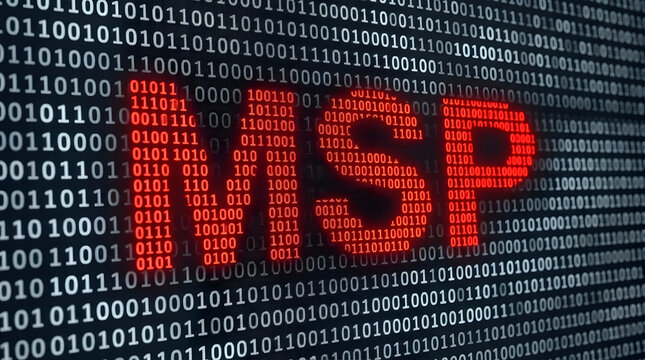 Bright glowing red binary code numbers forming the letters MSP positioned prominently over a dark background matrix filled with countless small white digital zeros and ones arranged in rows