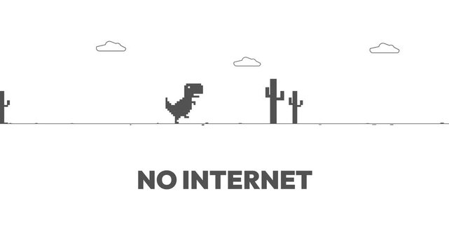Chrome Dinosaur Game Displaying No Internet Connection Error Page with Jumping Pixel T-Rex over Cacti