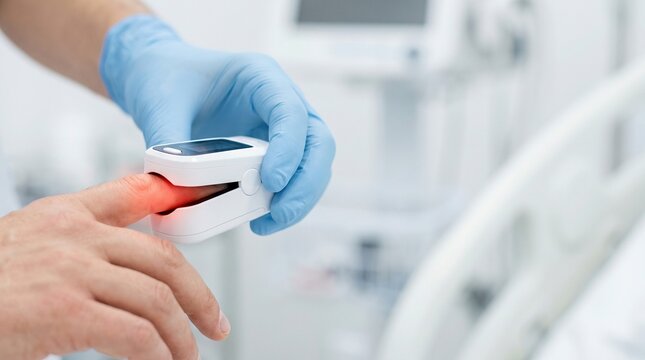 Pulse oximeter clipped on patient finger with healthcare worker in blue gloves in hospital room, oxygen saturation monitoring concept