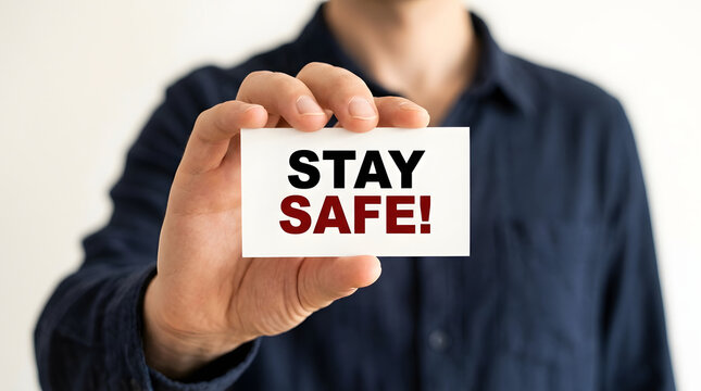 A person wearing a dark blue buttoned shirt holds up a small white rectangular paper card featuring text reading stay safe in bold black and dark red capital letters against a plain light background