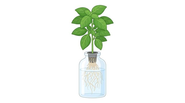 A green basil plant growing in a glass water container using a hydroponic system method