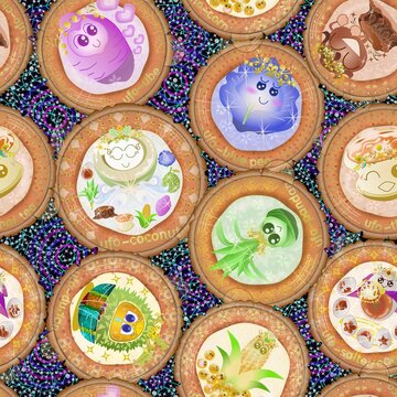 Kawaii Thai dessert UFO fleet seamless pattern vector. Cute space coconut pancakes and alien spaceships with Thai treats like ube, durian, and pandan in cosmic galaxy art.