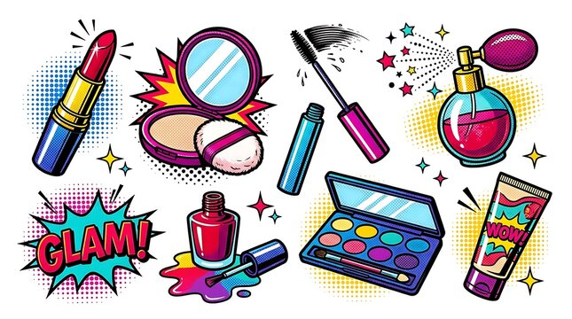 Cosmetic makeup collection and application tools pop art style