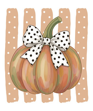 Cute autumn pumpkin illustration with polka dot bow for fall season t-shirt design