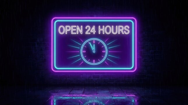 Neon sign displaying open twenty four hours text and a clock icon on a dark brick wall with mounted dark wet sign with glowing neon