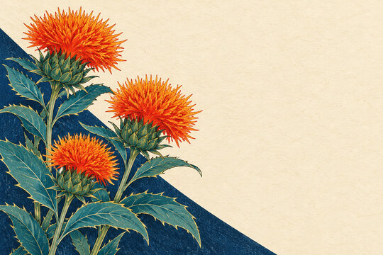 Orange safflower blossoms beside an indigo Japanese decorative panel