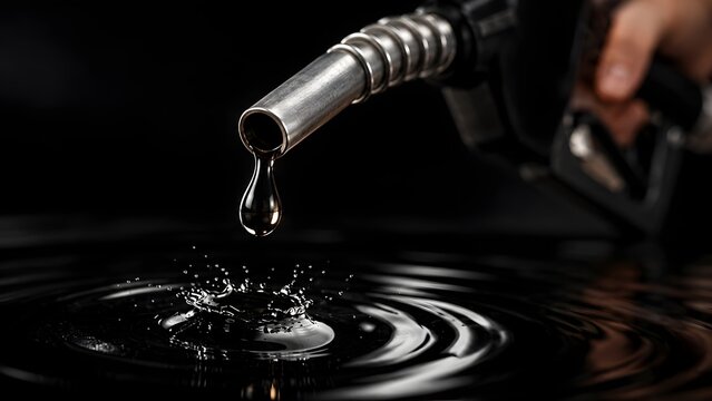 Close up of fuel nozzle dripping oil into dark liquid