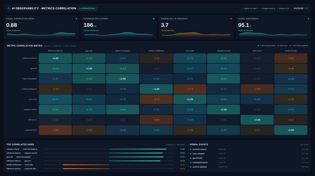 Ai observability dashboard with 4k animated metric correlation matrix heatmap, for real time performance monitoring, system reliability, data driven decision making for