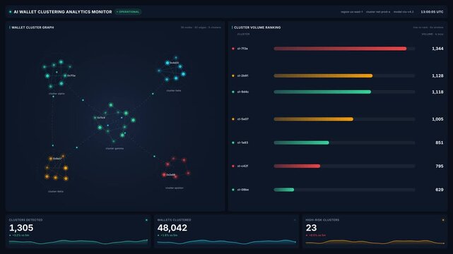 Ai wallet clustering analytics monitor in 4k, for crypto wallet cluster network graph, volume ranking bars high-risk alerts, for fraud detection blockchain security