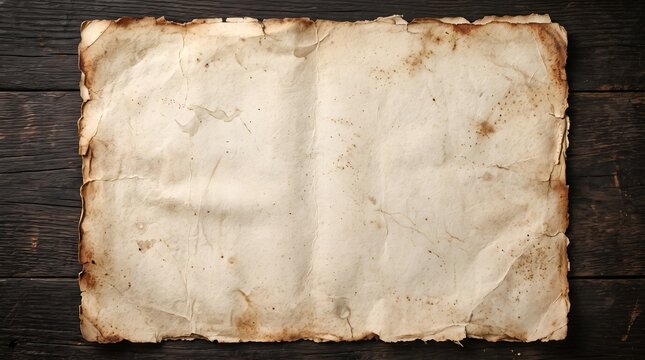 Old weathered parchment paper with torn edges on rustic dark wood grain