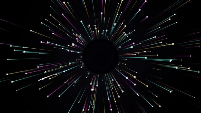 Vibrant glowing particle light rays expanding and radiating outward from a central dark circular void over a black space background created for modern technology motion graphic design loops