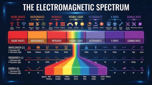Electromagnetic Spectrum Infographic Chart Showing Wavelength Frequency and Energy Levels in a Detailed Scientific Educational Vector Illustration