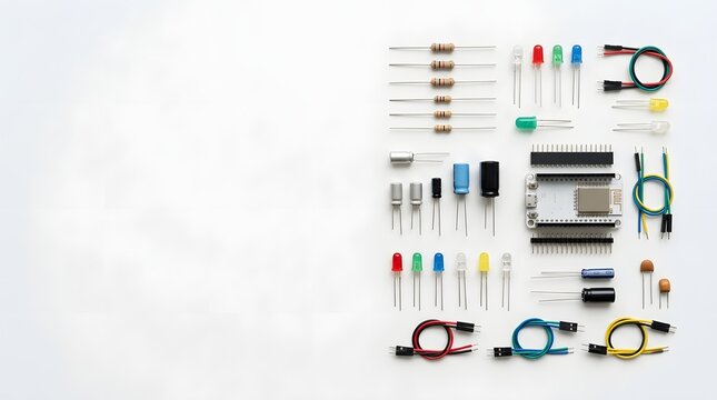 Top View of Electronic Components Neatly Arranged on White Background with Copy Space