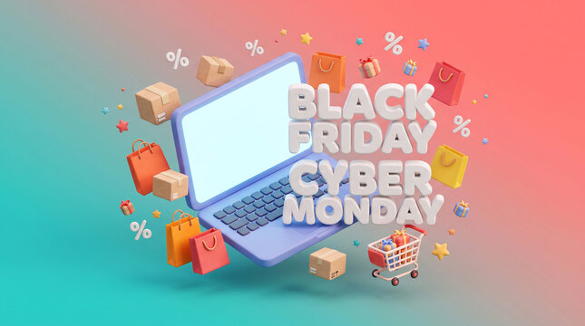 Black friday and cyber monday online shopping 3d render illustration with open laptop computer shopping bags and gift boxes.