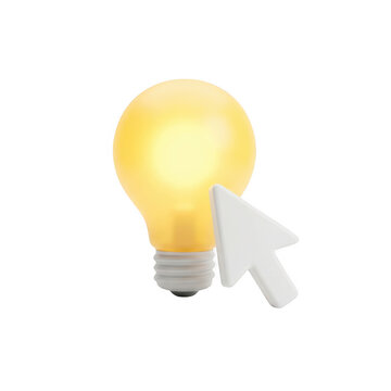 Glowing light bulb with computer mouse cursor isolated on transparent background for web design