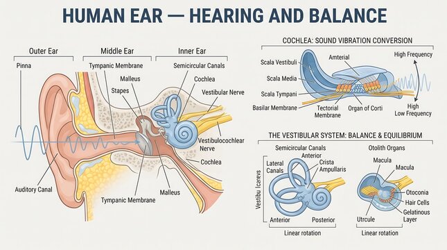 Human Ear Anatomy Infographic Showing Hearing and Balance Systems with Cochlea and Vestibular System Detailed Diagrams