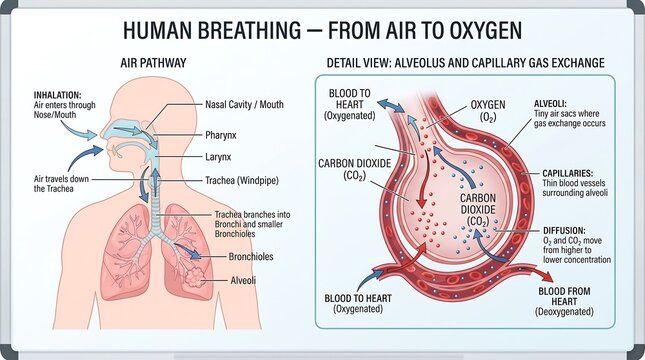 Human Respiratory System Infographic Showing Air Pathway and Alveoli Gas Exchange Process in Detailed Anatomical Illustration