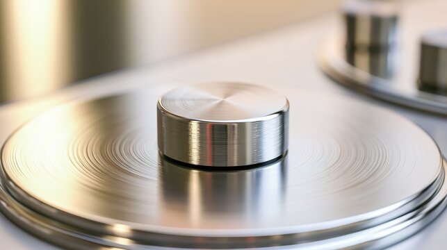 cleanliness. Close-up of a gleaming stainless steel kitchen appliance with reflective ambient light. product launch decks, UI/UX mockups, designed for product launches and innovation pitches.