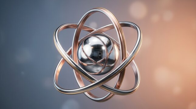 Abstract sphere shape with intersecting metallic rings for science and tech innovation.