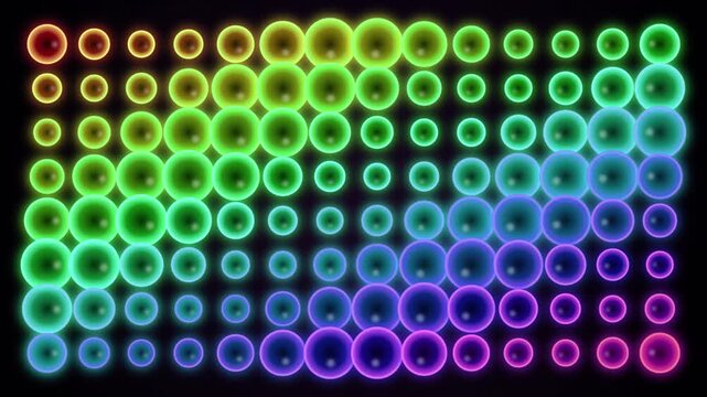 Colorful glowing neon spheres arranged in a dynamic grid pattern animated with rainbow spectrum wave motion creating a futuristic led light equalizer background for digital techno event visuals