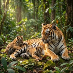 Obraz premium A majestic Bengal tigress rests peacefully on the lush mossy forest floor while her two curious tiger cubs play together in the golden light