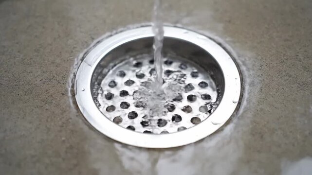 Close-up of water flowing into the floor drain and water flowing into the sink drain