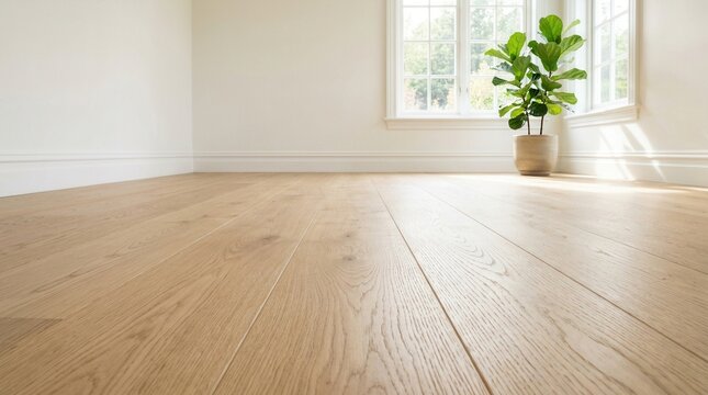 Natural oak wood flooring in a sunlit, bright, and empty interior space with a plant.