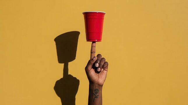 Person balancing a bright red cup on their fingertip against a yellow wall.