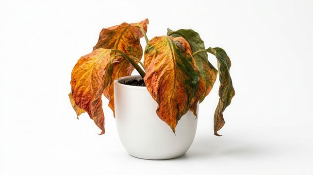 Wilted autumn houseplant with vibrant colorful leaves in a white pot.