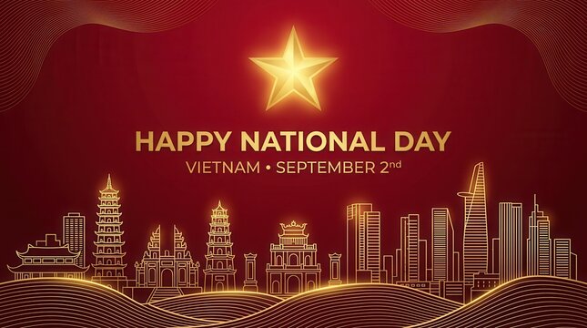Golden glowing landmarks and skyline for Vietnam National Day September 2nd.