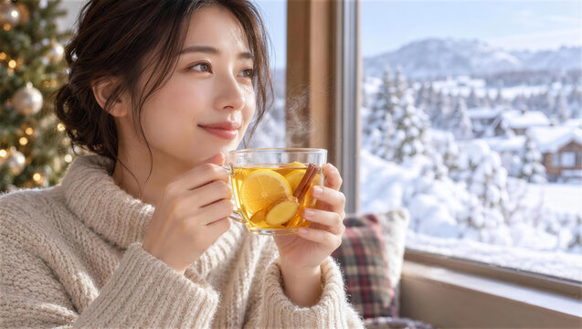 雪景色の窓辺でジンジャーレモンティーを持つ女性