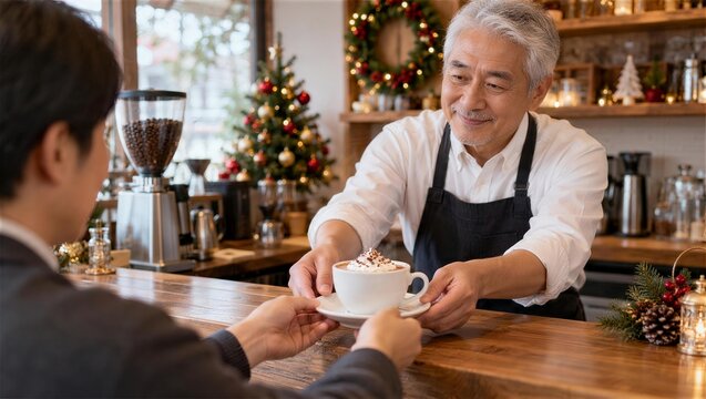 クリスマスのカフェでコーヒーを手渡すシニア店主
