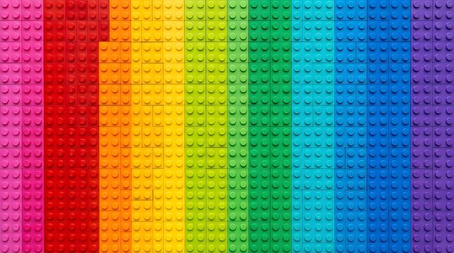 Colorful plastic building blocks arranged in a vibrant rainbow pattern