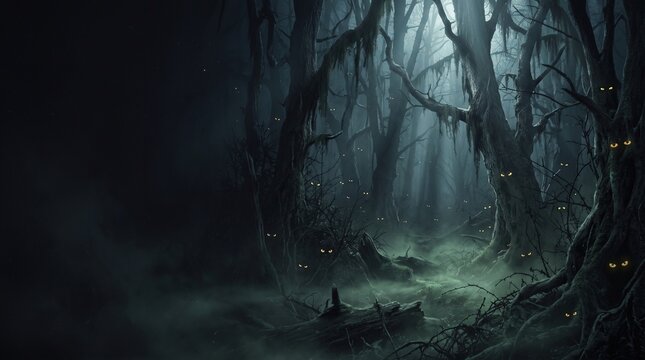 Dark forest scene features numerous glowing yellow eyes peering from the shadows
