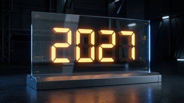 Glowing digital 2027 numbers on transparent glass panel in dark technological environment with led lights electronic signage tech interface