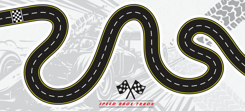 Speed Race Background. Race track in black color with tyre marks and city map on a white background.