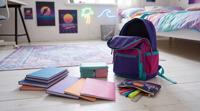 Open school backpack surrounded by books and supplies in a colorful bedroom study space