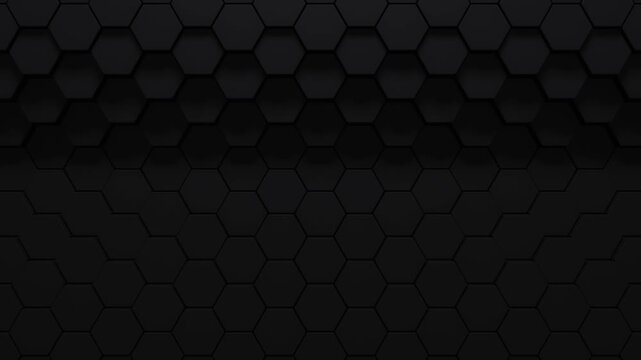 Black background of patterned hexagons. Smooth wave 3d rendered hex shapes creating a visual of sleek shadowy motion for an abstract background presentation template with a dark tone. 3d render Loop.