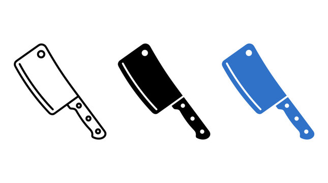 Meat cleaver kitchen knife icons in solid, outline and color styles