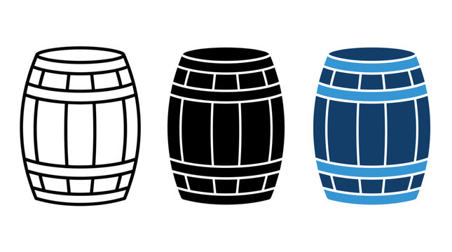 Wooden barrel icons in outline solid and flat color styles container capacity