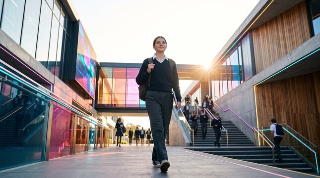 Confident teenage student walks through a striking, newly renovated school campus