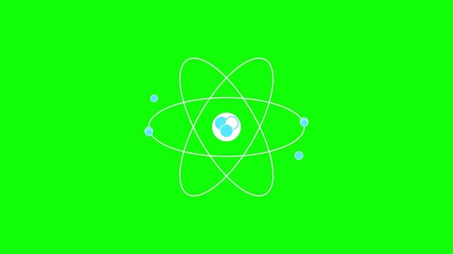 Atomic structure animation video footage with orbiting electrons and nucleus on green screen background