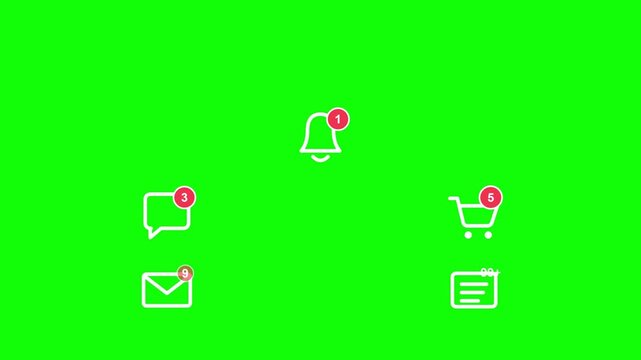 Notification badges pop up on social media application icons over vibrant green screen motion graphics video clip